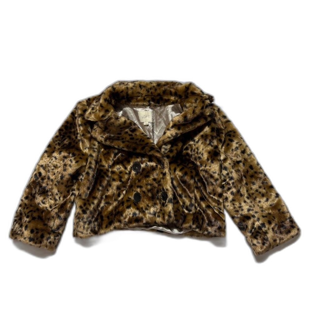 LOFT Faux Fur Leopard Print Jacket M Cropped Double Breasted Cheetah Coat Short